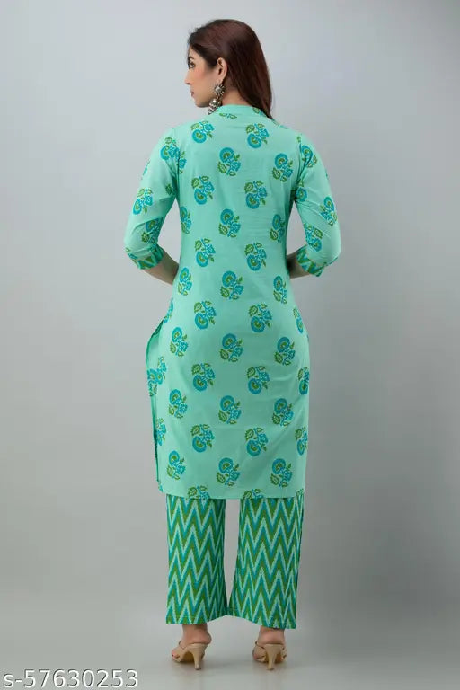 Printed cotton kurta-plazzo set with gota patti work, featuring three-quarter sleeves and palazzos, ideal for daily or festive Indian wear