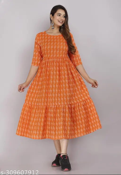Orange cotton-blend kurta with three-quarter sleeves, self-woven design by Shambhavi Creations. Indian handloom fashion for women. XS (Bust 34in, Length 45in), available in S-XXL sizes