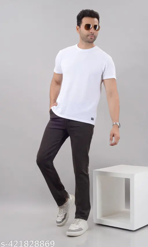 Men's regular trendy stylish brown denim jeans, stretchable and versatile for casual to semi-formal occasions. Available in sizes 42 (W42, L41, H47), 44 (W44, L41, H49), 46 (W46, L41, H51), 48 (W48, L41, H53), 50 (W50, L41, H55). Made in India