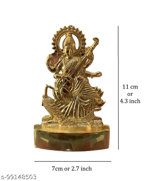 Brass gold decorative showpiece: 8cm MAA Laxmi, Ganeshji, and Saraswati idols for home or office altar
