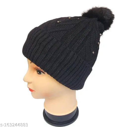 Woolen beanie hat, soft and warm in black color, fur-patterned pom pom by UPAREL for winter