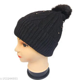 Woolen beanie hat, soft and warm in black color, fur-patterned pom pom by UPAREL for winter