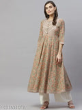 Beige cotton floral printed anarkali kurta for women, short sleeves, party-ready