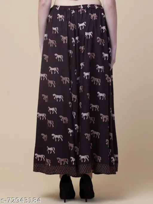Brown animal printed rayon long maxi skirt by Hive91, elastic waist closure, approximately 36 inches long