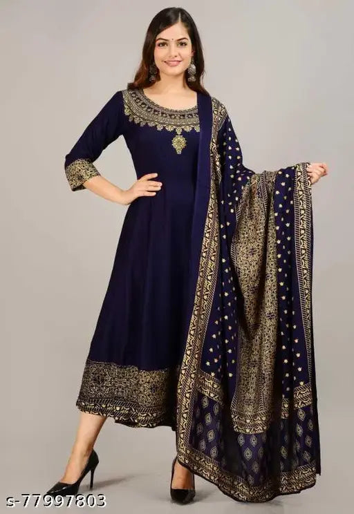Blue rayon printed net Dhanvika women's haar gown with dhuptta, three-quarter sleeves on mannequin