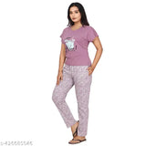 Printed polycotton waist-length nightsuit set for women, featuring round neck and short sleeves, available in M, L, XL, XXL sizes (M: 18in bust, 26in waist; L: 19in bust, 27in waist; XL: 20in bust, 28in waist; XXL: 21in bust, 29in waist). Cool and comfortable lounge wear from CLINT
