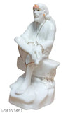 White marble dust Sai Baba Murti statue (35cm), beautifully embroidered Om Sai Ram printed velvet dress - ceremonial idol for home or office decor