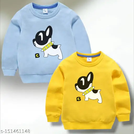 Blue and yellow polycotton kids sweatshirt combo pack, cute dog print for winter wear, suitable for ages 2-8 years old