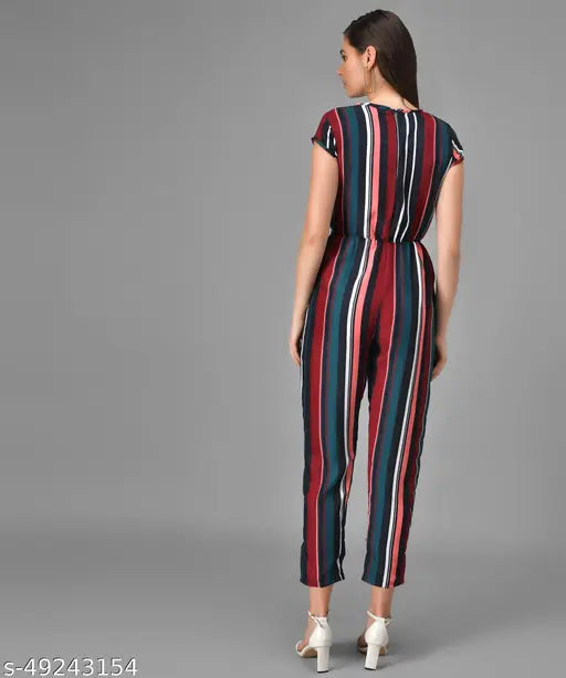 Green striped crepe jumpsuit, casual and trendy for women, printed net pattern, short sleeves. (Size XL: Bust 42", Length 62", Waist 33")