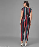Green striped crepe jumpsuit, casual and trendy for women, printed net pattern, short sleeves. (Size XL: Bust 42", Length 62", Waist 33")