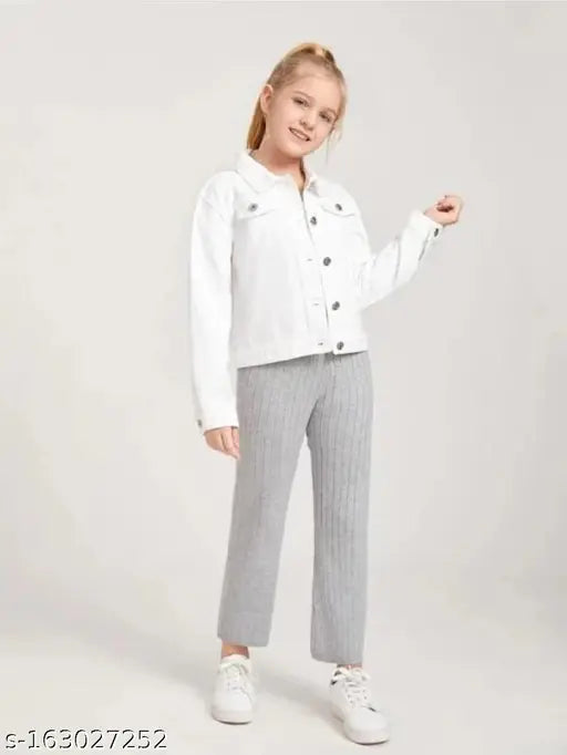 White cotton denim jacket for kids, solid pattern, long sleeves, sizes 5-12 years old, origin India