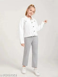 White cotton denim jacket for kids, solid pattern, long sleeves, sizes 5-12 years old, origin India