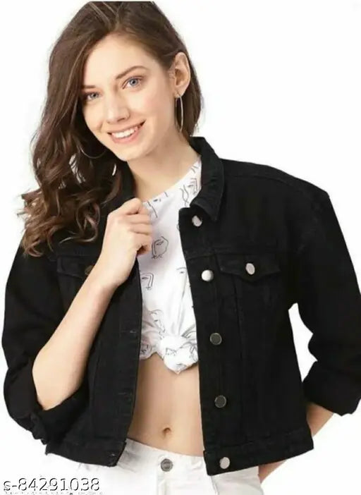 Fancy retro denim women's jacket, solid black, long sleeves, size S-XL, vintage fashion accessory