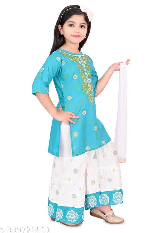 Gold Print Rayon Kurta Sahrara Set with Dupatta, Indian ethnic wear for kids aged 2-6 years. Comfortable and rich cotton rayon fabric