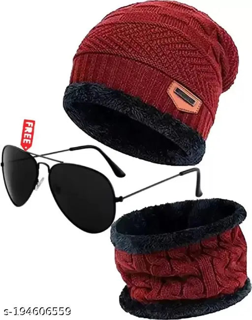 Modern winter combo: Embellished wool hat, scarf, and black polarized sunglasses for kids - Indian design