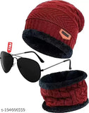 Modern winter combo: Embellished wool hat, scarf, and black polarized sunglasses for kids - Indian design