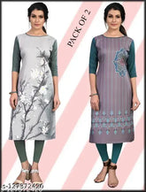 American crepe, straight-style printed kurta (Combo Pack of 2). Casual & festive wear for women, 3/4 sleeve length, 44 inches in length. Size options: S(36), M(38), L(40), XL(42), XXL(44) inches