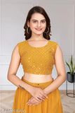 Yellow Georgette Shisha Three Set: Lehenga, Choli, Long Shrug - Indian Indo Western wedding dress with long sleeves and XL size