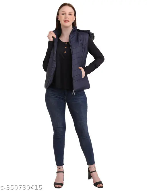 Sleek nylon sleeveless designer jacket for women, available in sizes S-XXXL. Perfect for work, college, or leisure, featuring detachable fur hood and wind/cold resistance. Modern fit with waterproof, windproof, and snowproof fabric
