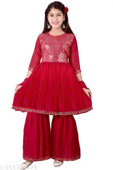 Embellished A-line Georgette Sharara set for girls in traditional Indian palazzos style with dupatta, size 4-5 years