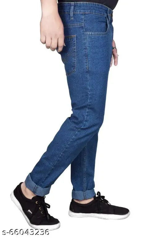 Just black men's straight navy blue jeans: solid cotton, stretchable regular fit (32WA/42LN or 34WA/42LN) - Made in India