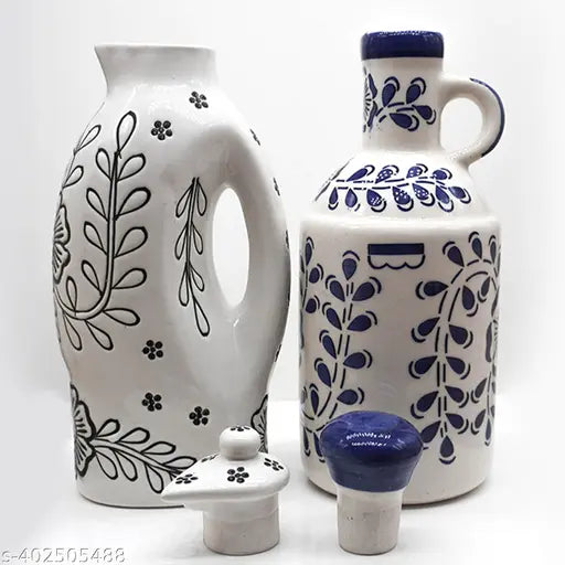 Handcrafted blue & white ceramic oil dispenser (1000ml) x2, stylish and leak-free for kitchen use