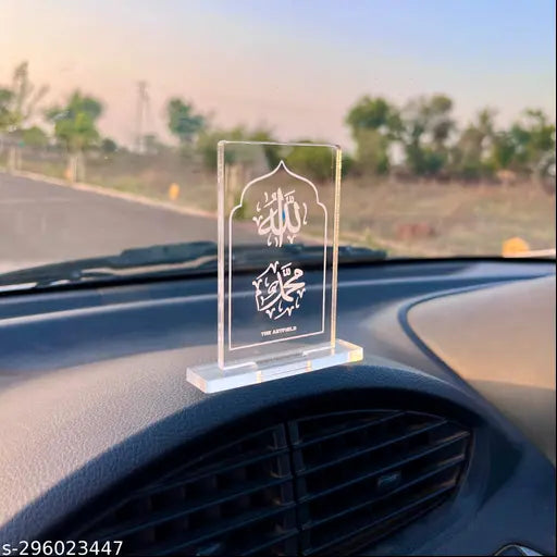 High-quality acrylic ALLAH MOHAMMAD religious car stand for dashboards, elegant Arabic calligraphy, compact & easy to install