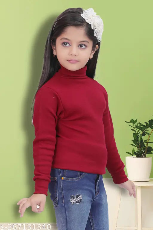 Maroon wool high neck sweater for girls winter wear - pure wool, long sleeves, warm and fashionable kids' clothing from India