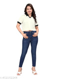Lycra women's and girls' polo t-shirt, solid color crop top with fancy collar, short sleeves, India origin