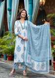Handcrafted Jaipuri pure cotton kurta set with palazzos and dupatta, printed net pattern, three-quarter sleeves. Single size available for M, L, XL, XXL. Indian handloom ethnic wear