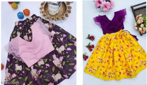Organza and satin printed lehengha for kids party wear, 2 years new model, vibrant design on display
