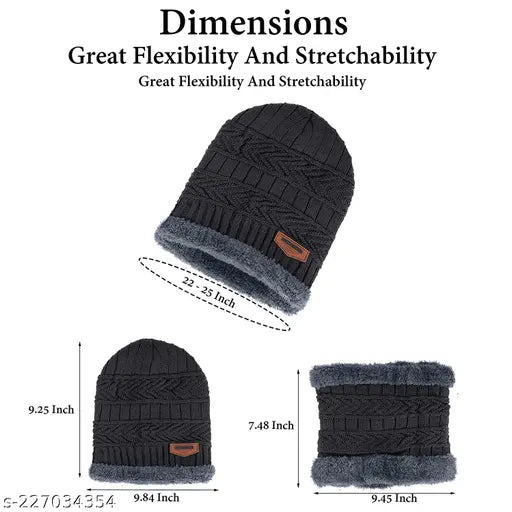 Woolen winter cap with neck muffler, soft for snow, knit beanie for women (1 black cap). FABUNIK premium quality stretchy acrylic, thermal fleece lining, hand-knitted feel. Criss-cross basket weave design