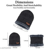 Woolen winter cap with neck muffler, soft for snow, knit beanie for women (1 black cap). FABUNIK premium quality stretchy acrylic, thermal fleece lining, hand-knitted feel. Criss-cross basket weave design