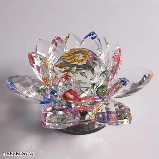 Crystal Lotus Flower for Feng Shui Home Decor - Multi-colored crystal showpiece enhances positive energy, attracts wealth, and promotes love in the living room or main hall. (185g, 5.5L x 4.5W x 5H cm) Indian origin