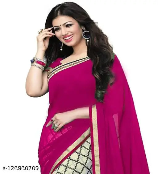 Printed Bollywood Georgette Chiffon Saree, vibrant check pattern on single free-size saree and separate blouse piece, Indian origin