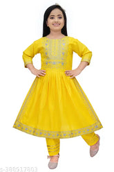 Exquisite yellow cotton blend kurta and calf-length patiala set for girls, intricately designed for festive parties by HIPPOSIPPO