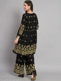 Floral printed rayon A-Line kurta with palazzos, featuring Adda handwork, beads work, and Kantha work, adult women's casual/party wear with 3/4 sleeve length and calf-length design