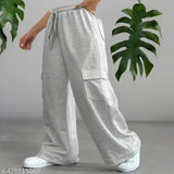 Grey cotton blend cargo pants by ORETIC Trandy, perfect for women's casual wear with six pockets and a loose fit