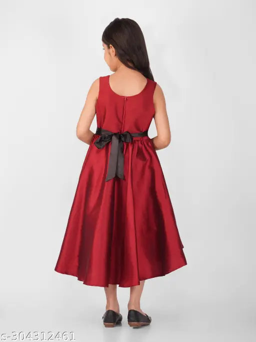 Maroon silk blend hi-low girls party dress, sleeveless, perfect for 2-3 year olds celebrations