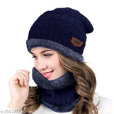 Blue wool and fur knitted beanie cap with neck warmer muffler, premium and snow-proof for men/women
