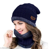 Blue wool and fur knitted beanie cap with neck warmer muffler, premium and snow-proof for men/women