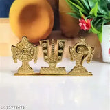 Antique gold-plated Tirupati Balaji Symbol Stand Shankh Chakra Namah, decorative figurine for car dashboard or home/office table showpiece. Hindu god Vishnu symbol with positive energy and suitable as religious gift, anniversary, wedding return, house warming, festive, or corporate gift