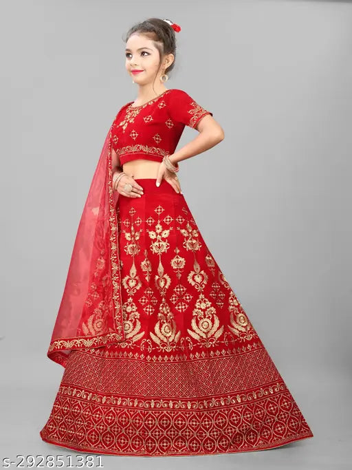 Velvet red semi-stitched baby girls lehenga choli with jacquard embroidery, festive Indian wedding wear for 3-12 year olds