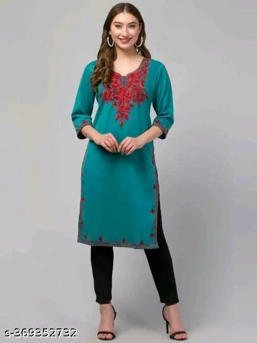 Wool three-quarter sleeve trending kurti for women and girls, solid color style from India