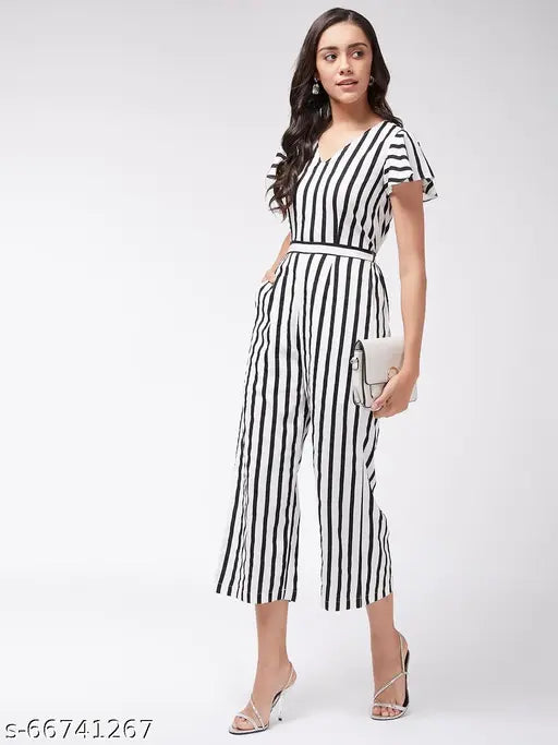 Polyester women's monochrome striped jumpsuit, XS (32in bust, 50in length, 26in waist), Indian-made fashion on model