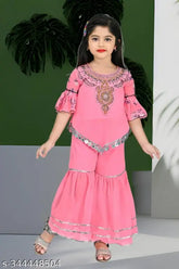 Modern cotton blend girls' A-line palazzos with embellished short sleeves. Indian origin, sizes 3-4 to 9-10 years