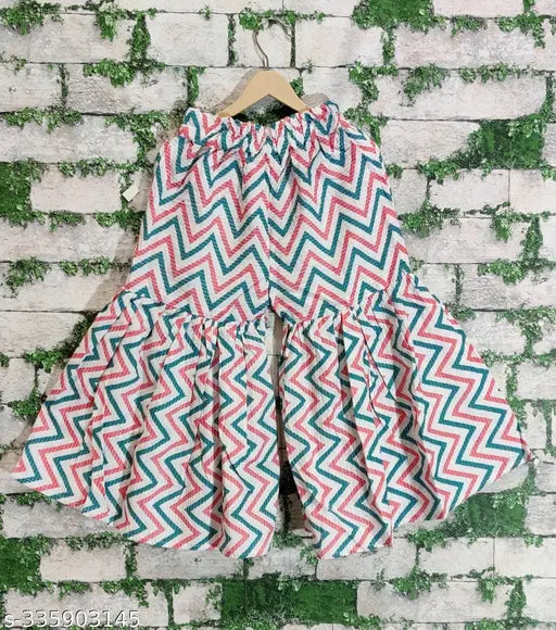 Fashionable cotton sharara kurti set for kids festival wear, printed anarkali top with checked pattern, size 3-4 years, India origin