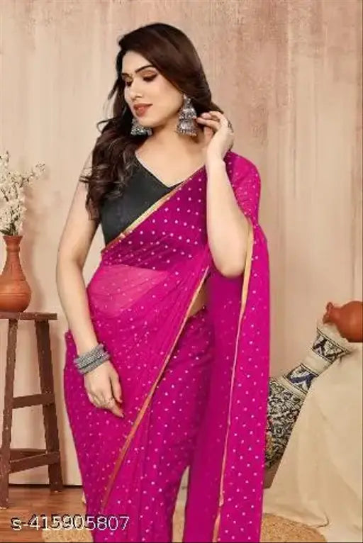 Gold Foil Embellished Chiffon Saree with Solid Blouse, Indian fashion trending