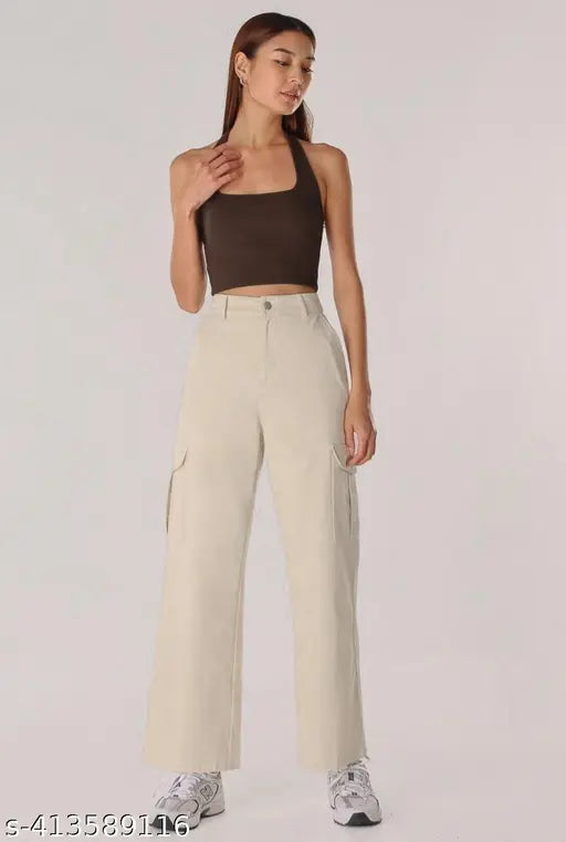 Cream cotton lycra four-pocket cargo casual pant for women, solid pattern, size S-XL