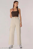 Cream cotton lycra four-pocket cargo casual pant for women, solid pattern, size S-XL